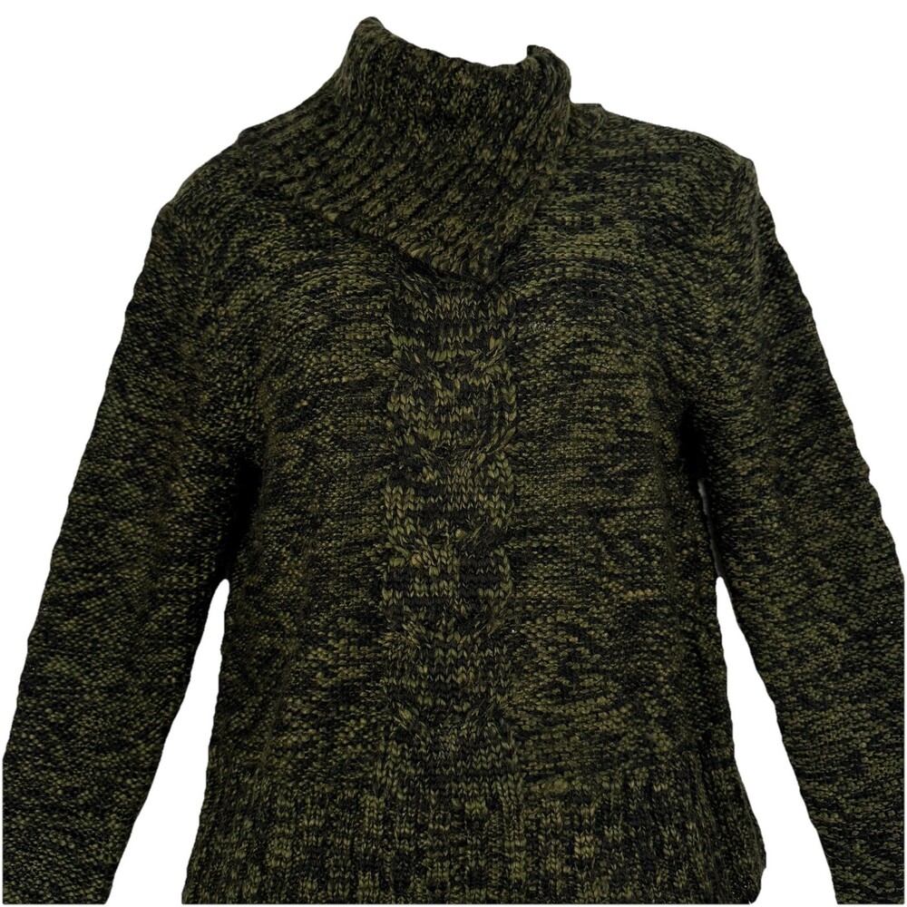 Kenzie Chunky Cable Knit Turtleneck Sweater M Green Black Marled Wool Alpaca